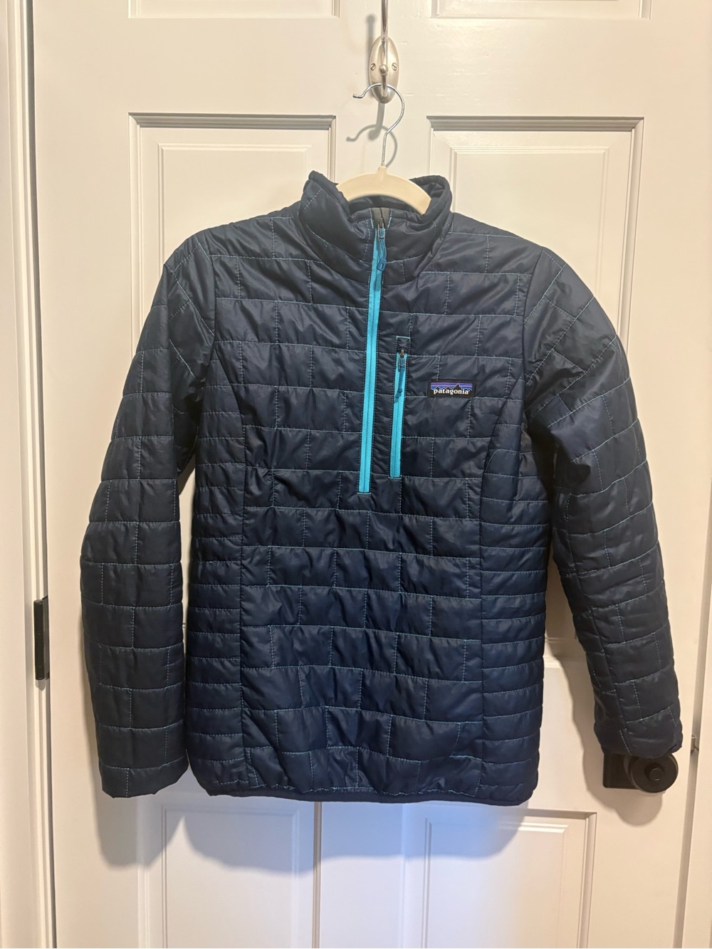 Patagonia Navy Puffer Pullover with Aqua Zip